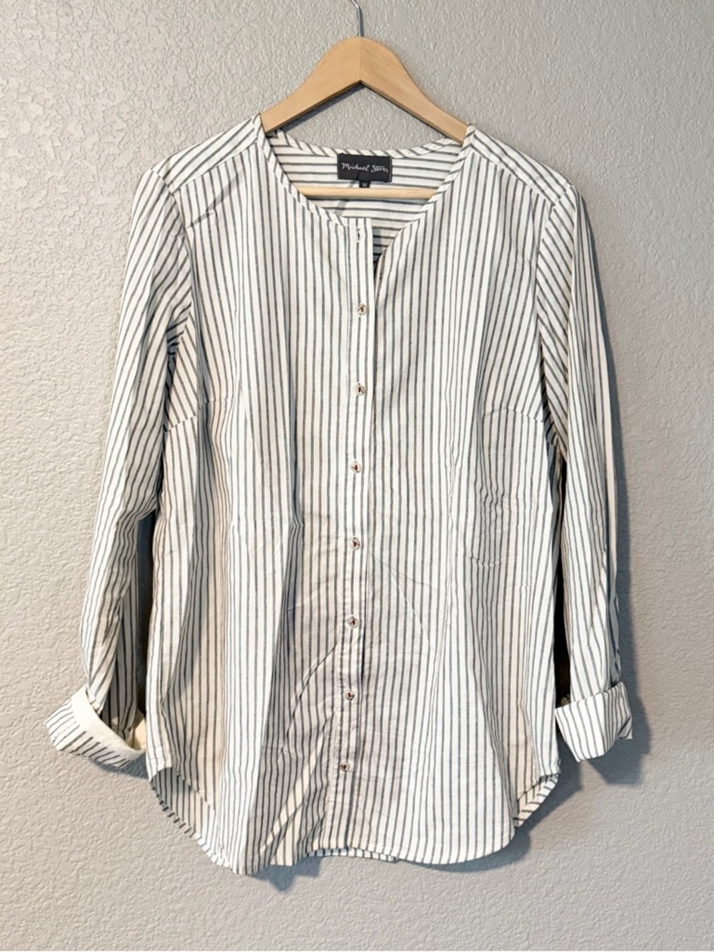 Michael Stars White Button-Down Shirt with Black Vertical Stripes